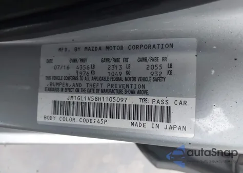 2017 Mazda Mazda6 Touring z USA, uszkodzony, nr VIN JM1GL1V58H1105097